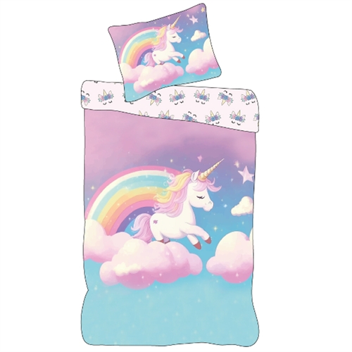 Image of Enhjørning sengetøj 140x200 cm - Vendbart sengesæt med enhjørning og regnbue - 100% blødt bomulds sengelinned